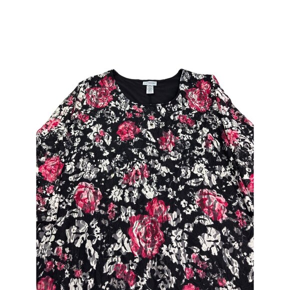 Catherines Womens Floral Lace Overlay Tunic Top Size 2X 22/24W Black White Pink - Picture 2 of 8